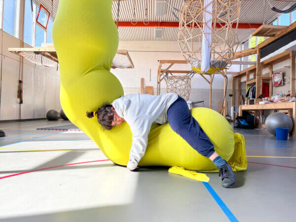The LARVA is made from a massive sleeve of aerial silk fabric and filled with yoga balls to create a caterpillar-like structure.